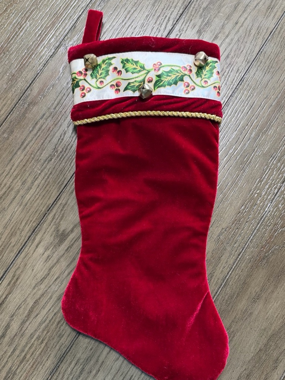 Red Velvet Christmas Stocking with Holly Ribbon